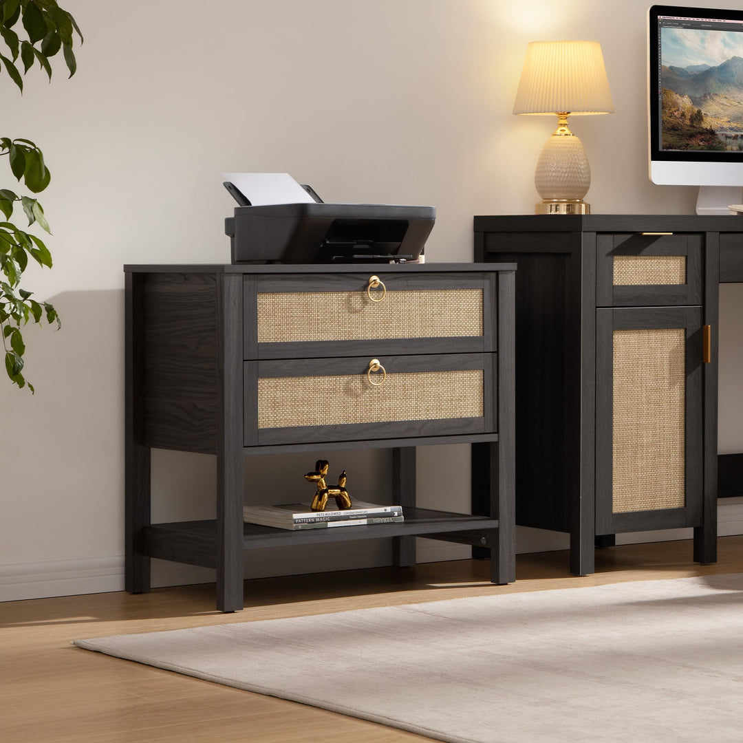 SICOTAS Rattan Nightstand Set of 2, Wide Boho Bedside Table with 2 Drawers 