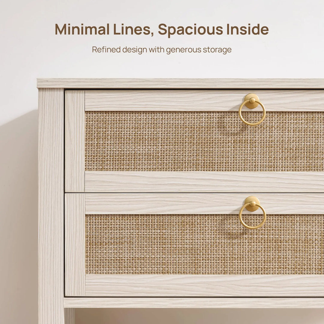 SICOTAS White Rattan Nightstand Set of 2, Wide Bedside Table with 2 Drawers 