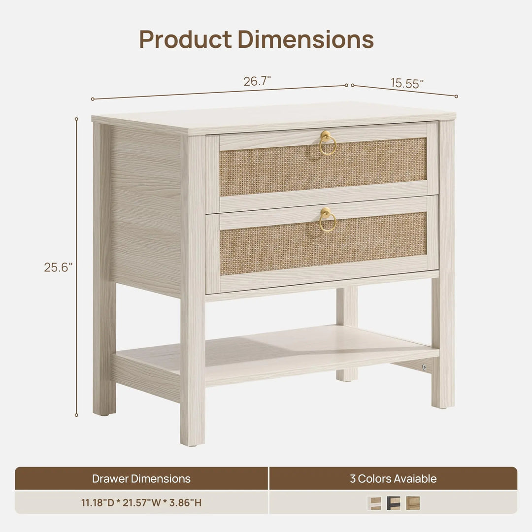 SICOTAS White Rattan Nightstand Set of 2, Wide Bedside Table with 2 Drawers 