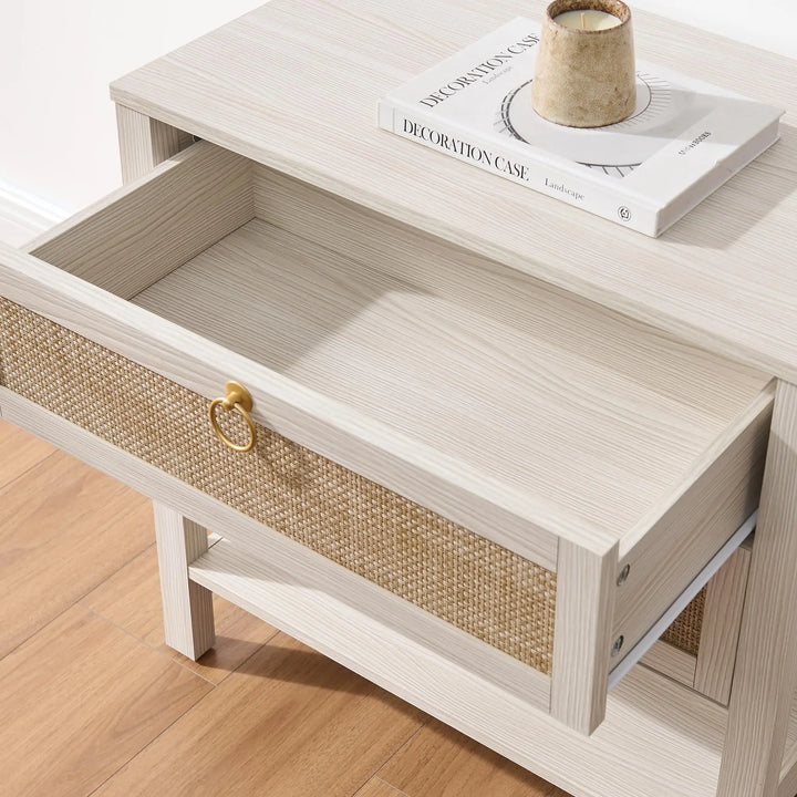 SICOTAS White Rattan Nightstand Set of 2, Wide Bedside Table with 2 Drawers 