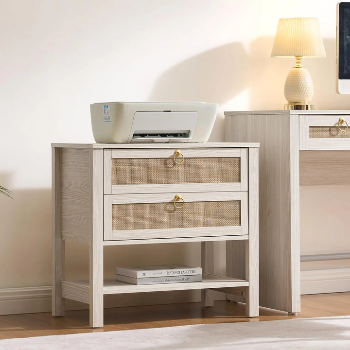 SICOTAS White Rattan Nightstand Set of 2, Wide Bedside Table with 2 Drawers 