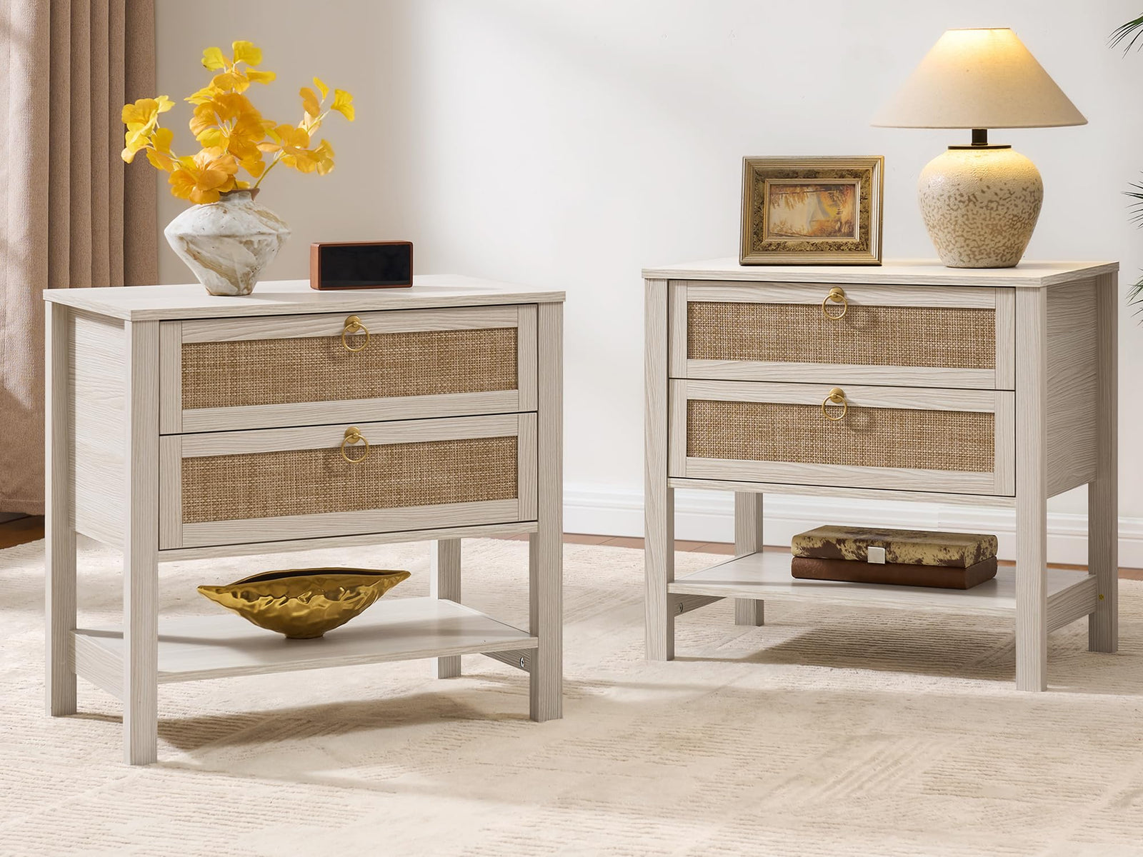 SICOTAS White Rattan Nightstand Set of 2, Wide Bedside Table with 2 Drawers 