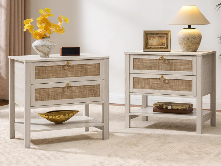SICOTAS White Rattan Nightstand Set of 2, Wide Bedside Table with 2 Drawers 