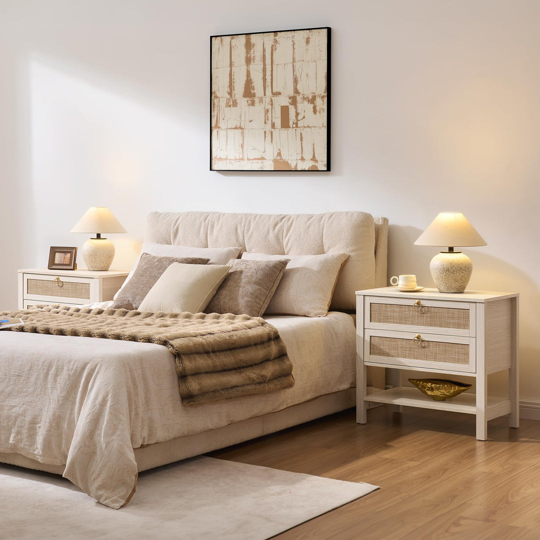 SICOTAS White Rattan Nightstand Set of 2, Wide Bedside Table with 2 Drawers 
