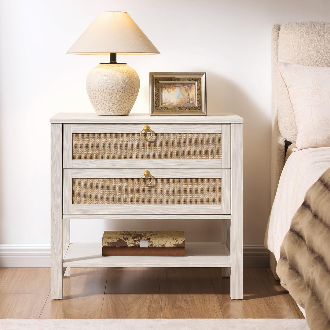 SICOTAS White Rattan Nightstand Set of 2, Wide Bedside Table with 2 Drawers 