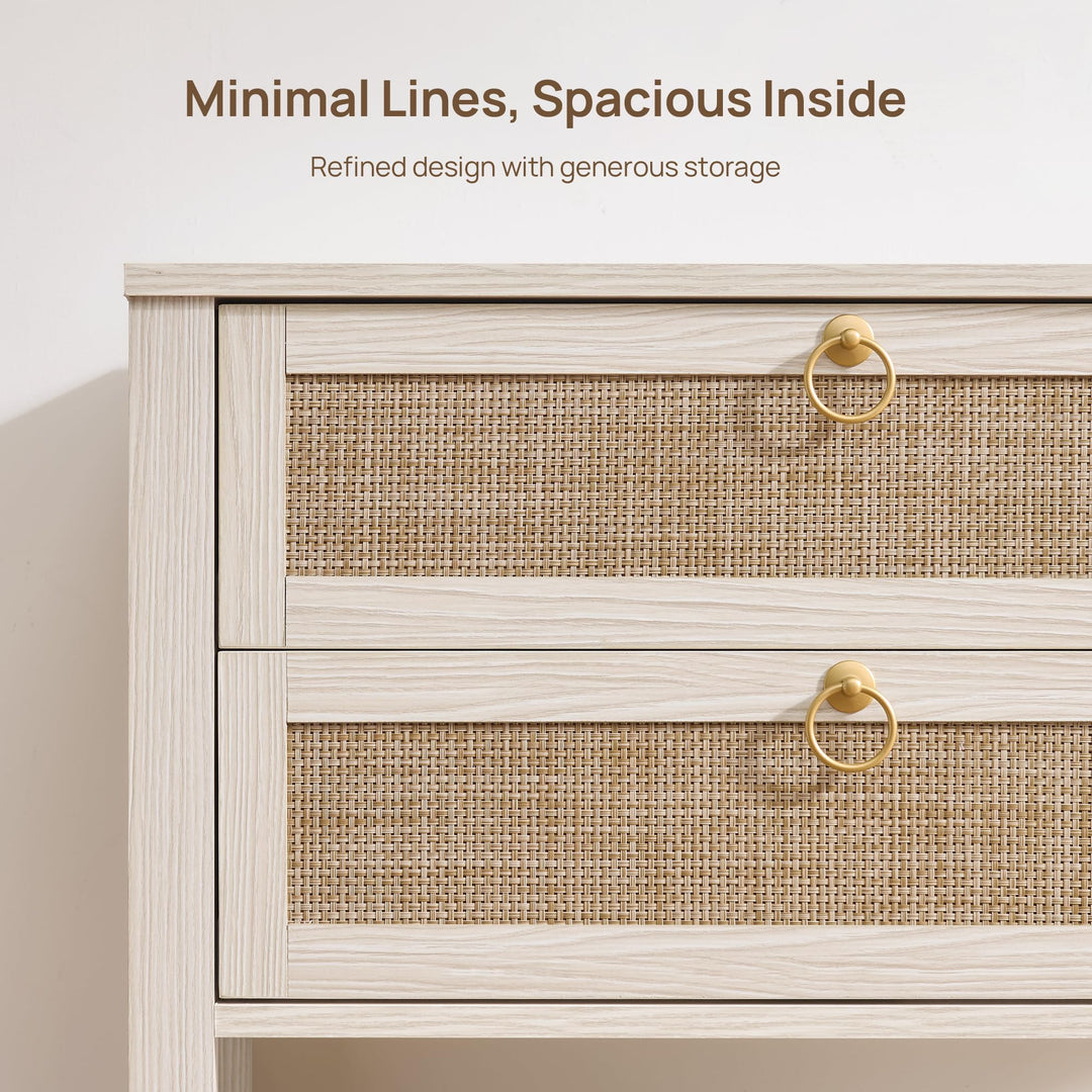 SICOTAS White Rattan Nightstand Set of 2, Wide Bedside Table with 2 Drawers 