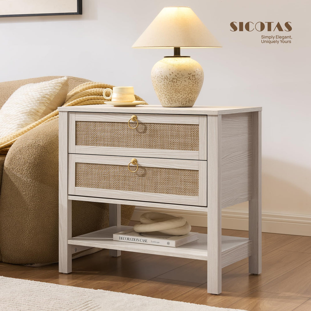 SICOTAS White Rattan Nightstand Set of 2, Wide Bedside Table with 2 Drawers 