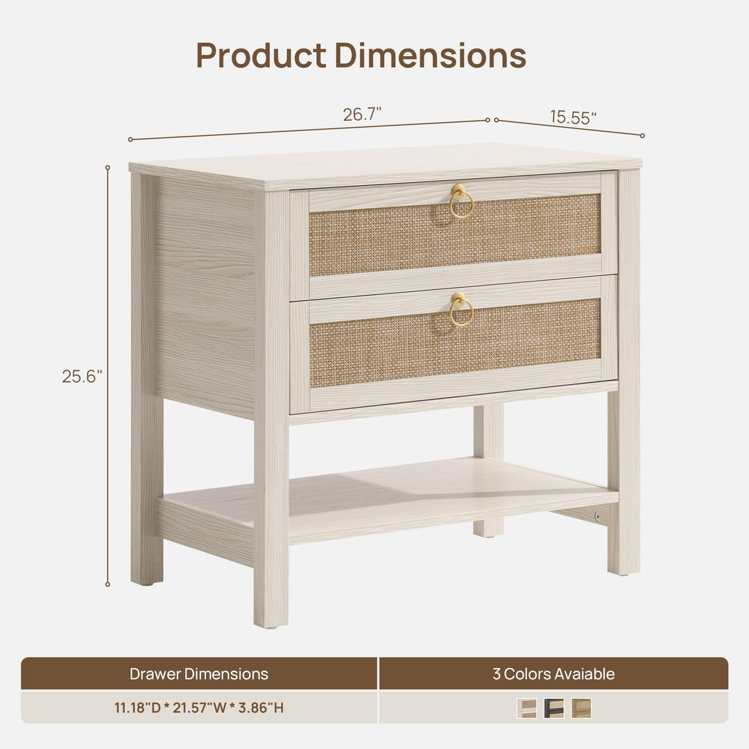 SICOTAS White Rattan Nightstand Set of 2, Wide Bedside Table with 2 Drawers 