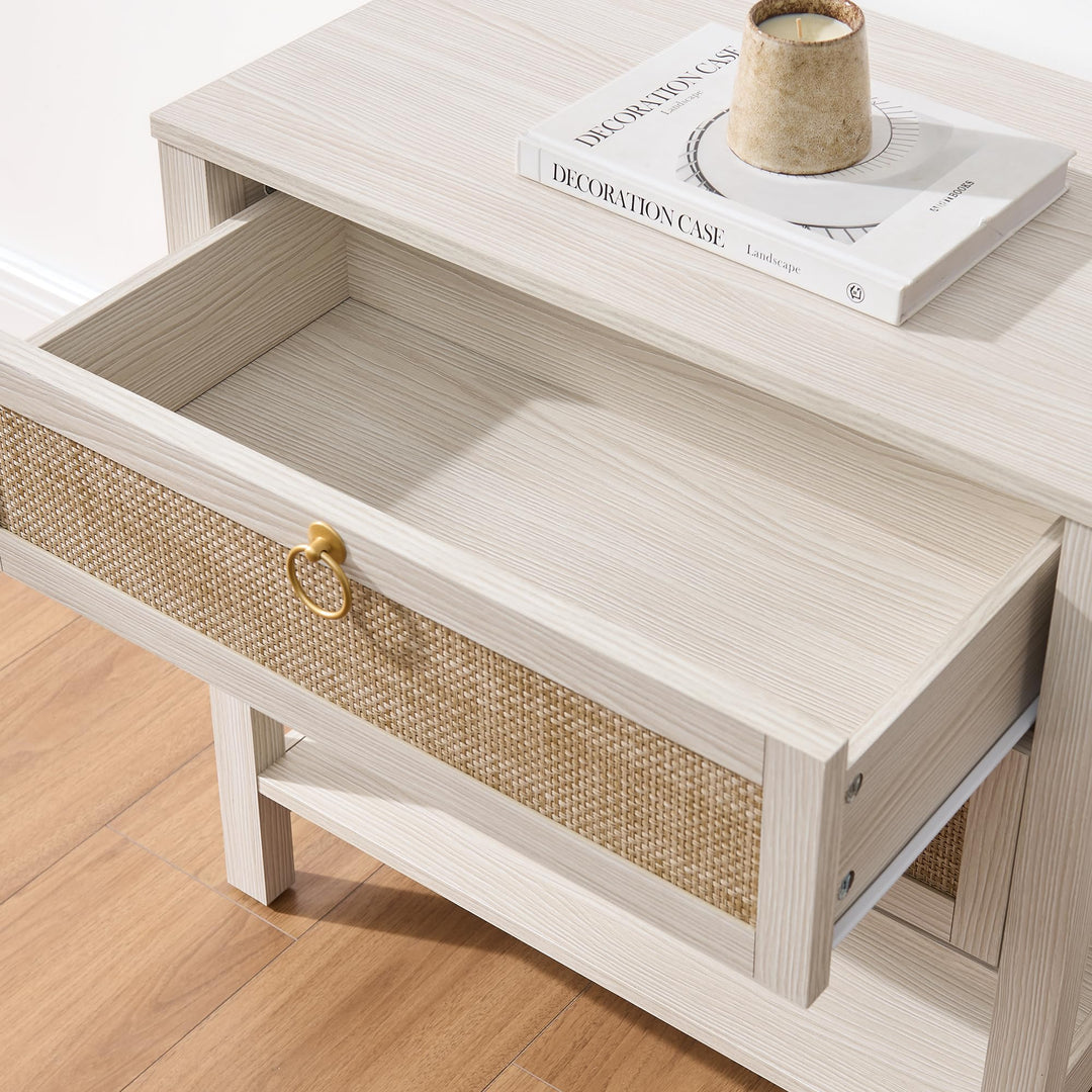 SICOTAS White Rattan Nightstand Set of 2, Wide Bedside Table with 2 Drawers 