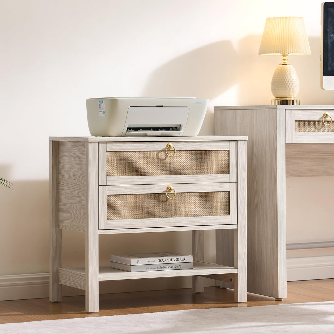 SICOTAS White Rattan Nightstand Set of 2, Wide Bedside Table with 2 Drawers 