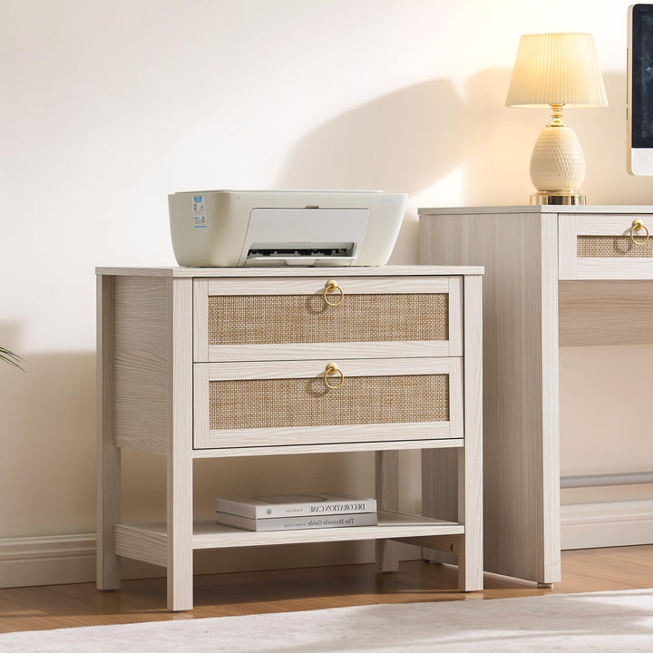 SICOTAS White Rattan Nightstand Set of 2, Wide Bedside Table with 2 Drawers 