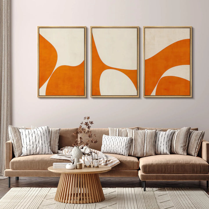 SIGNFORD Framed Canvas Print, Orange Geometric Mid Century Modern, 16x24, 3 Piece