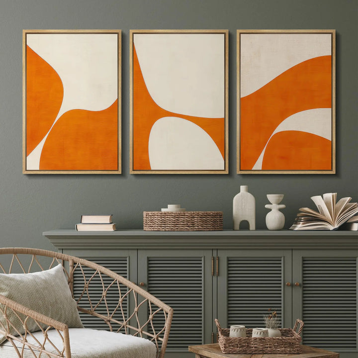 SIGNFORD Framed Canvas Print, Orange Geometric Mid Century Modern, 16x24, 3 Piece