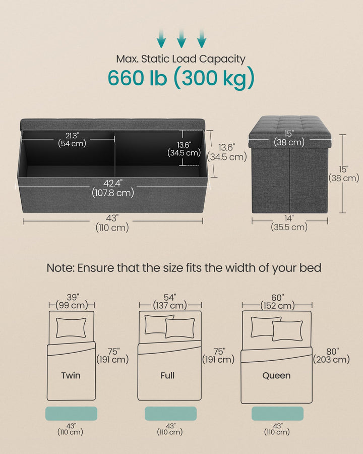 SONGMICS MAZIE Folding Storage Ottoman Bench - Dark Gray 