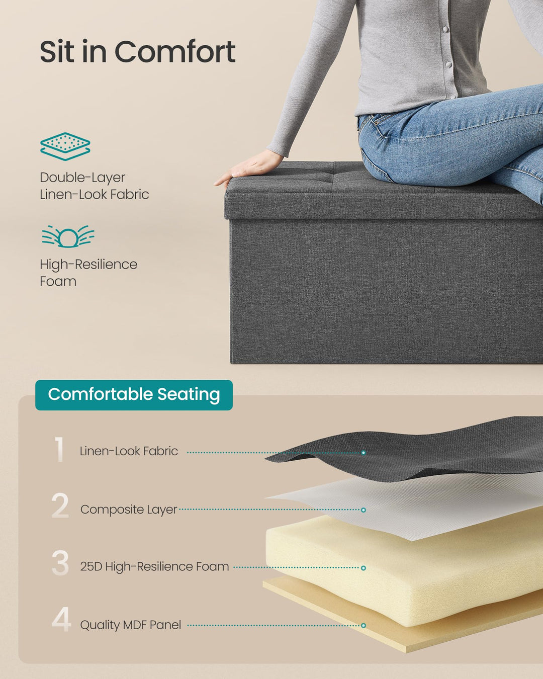 SONGMICS MAZIE Folding Storage Ottoman Bench - Dark Gray 