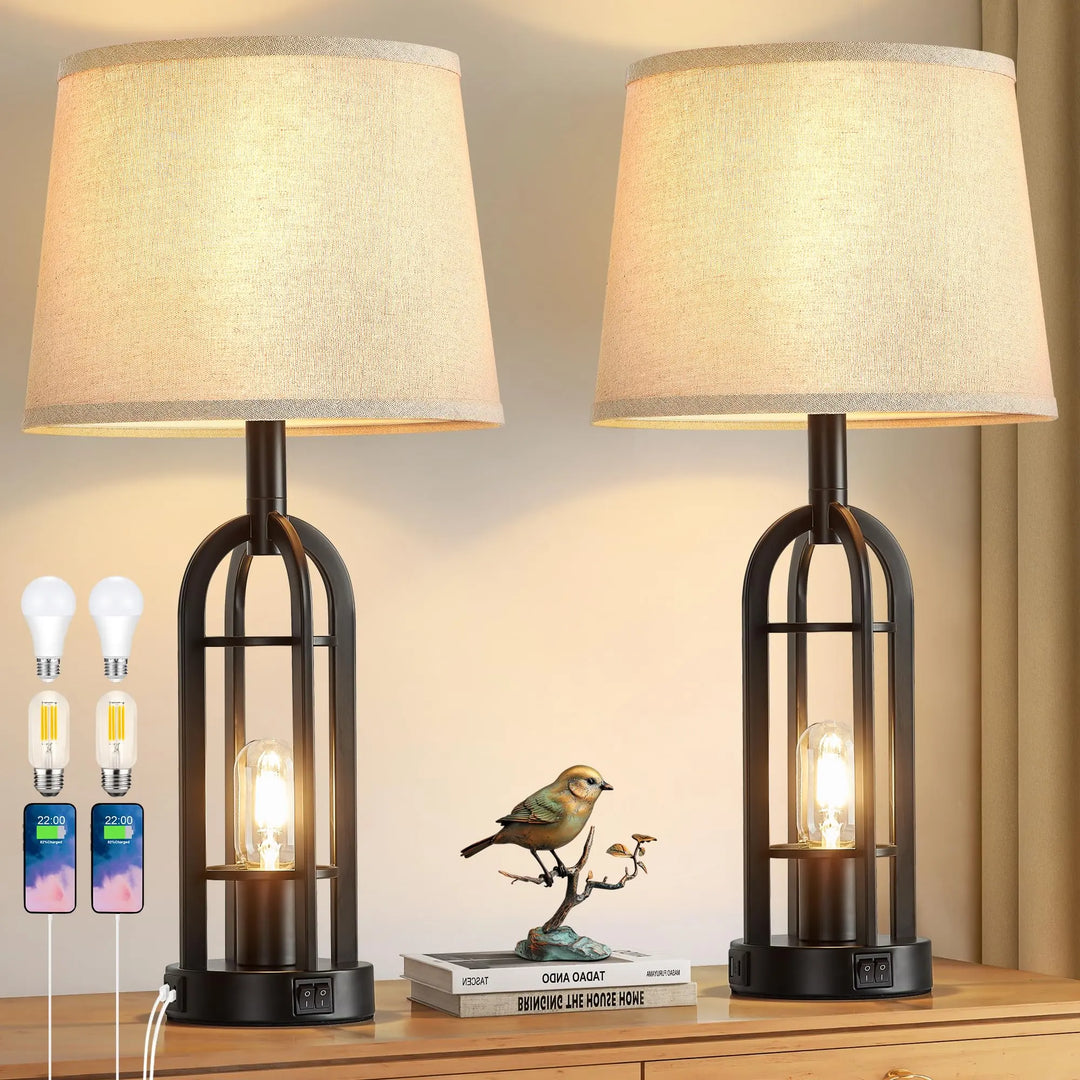 SRJJA Black Table Lamps, Set of 2, Farmhouse Industrial, 24 Inch, USB A+C