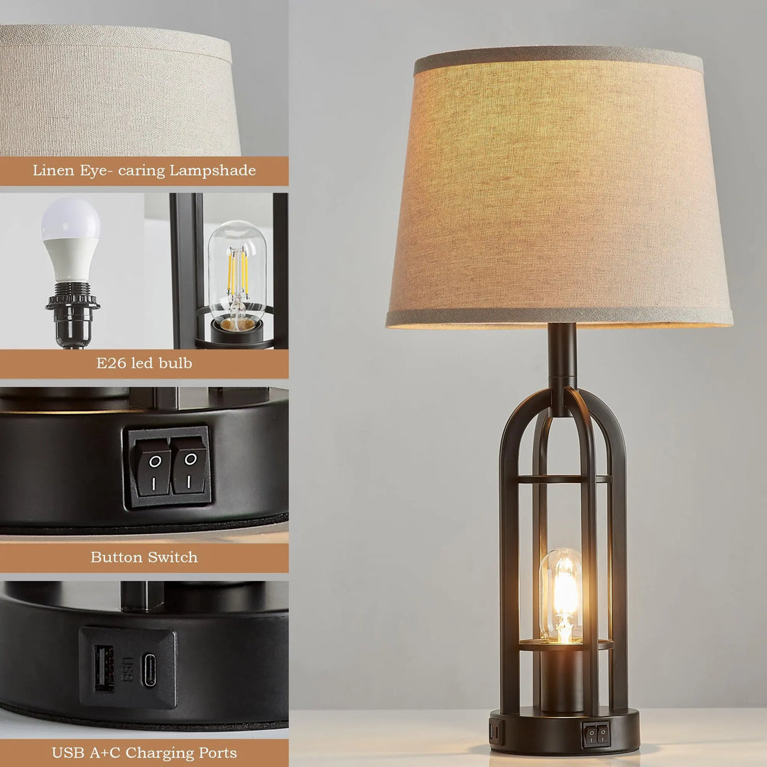 SRJJA Black Table Lamps, Set of 2, Farmhouse Industrial, 24 Inch, USB A+C