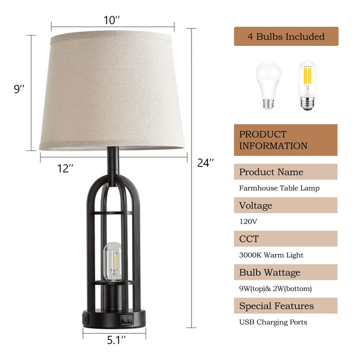 SRJJA Black Table Lamps, Set of 2, Farmhouse Industrial, 24 Inch, USB A+C