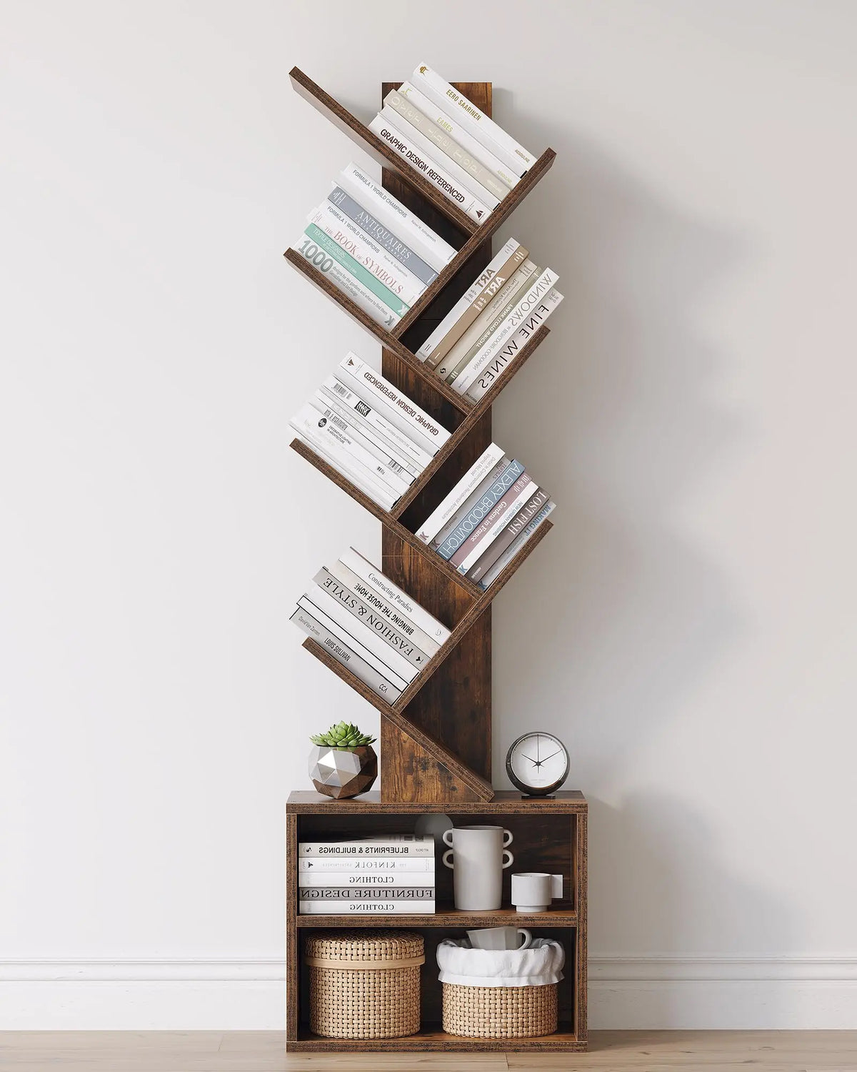 SUNMORY 6 Tier Tree Bookshelf, Tall Small Bookcase with Storage Cabinet 