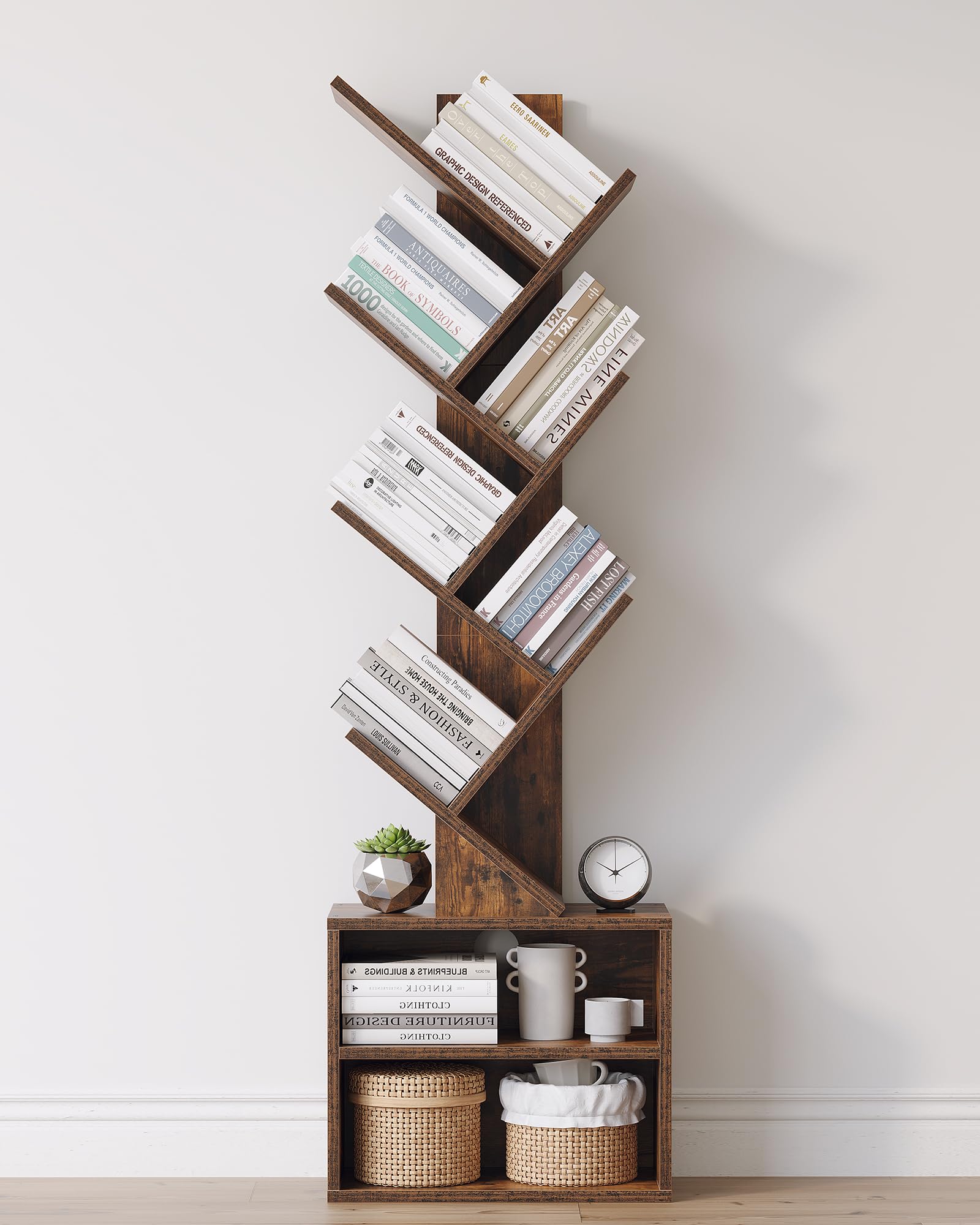 SUNMORY 6 Tier Tree Bookshelf, Tall Small Bookcase with Storage Cabinet 