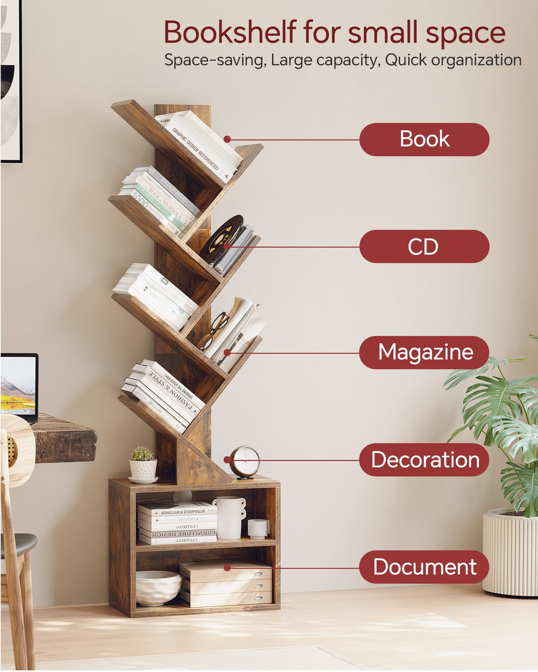 SUNMORY 6 Tier Tree Bookshelf, Tall Small Bookcase with Storage Cabinet 