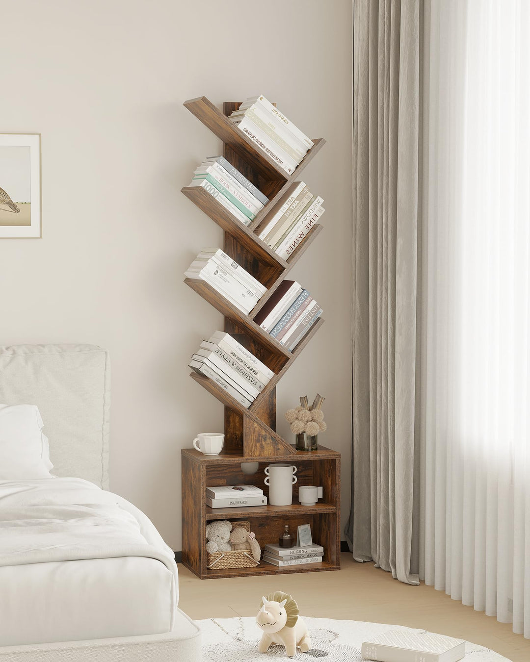SUNMORY 6 Tier Tree Bookshelf, Tall Small Bookcase with Storage Cabinet 
