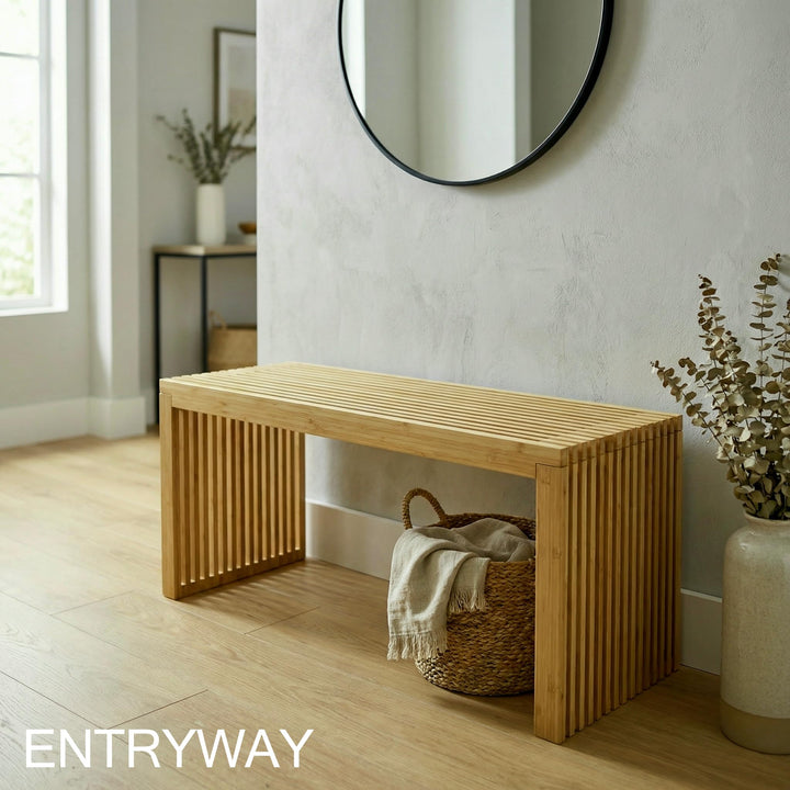 Bamboo Natural 36 inch Wooden Bench, Small Wood Benches for Entryway, Living &amp; Dining Room, Kitchen, Bedroom, Bathroom, Hallway, Front Door, For Indoor &amp; Outdoor Patio Use, Mid Century Modern Decor 
