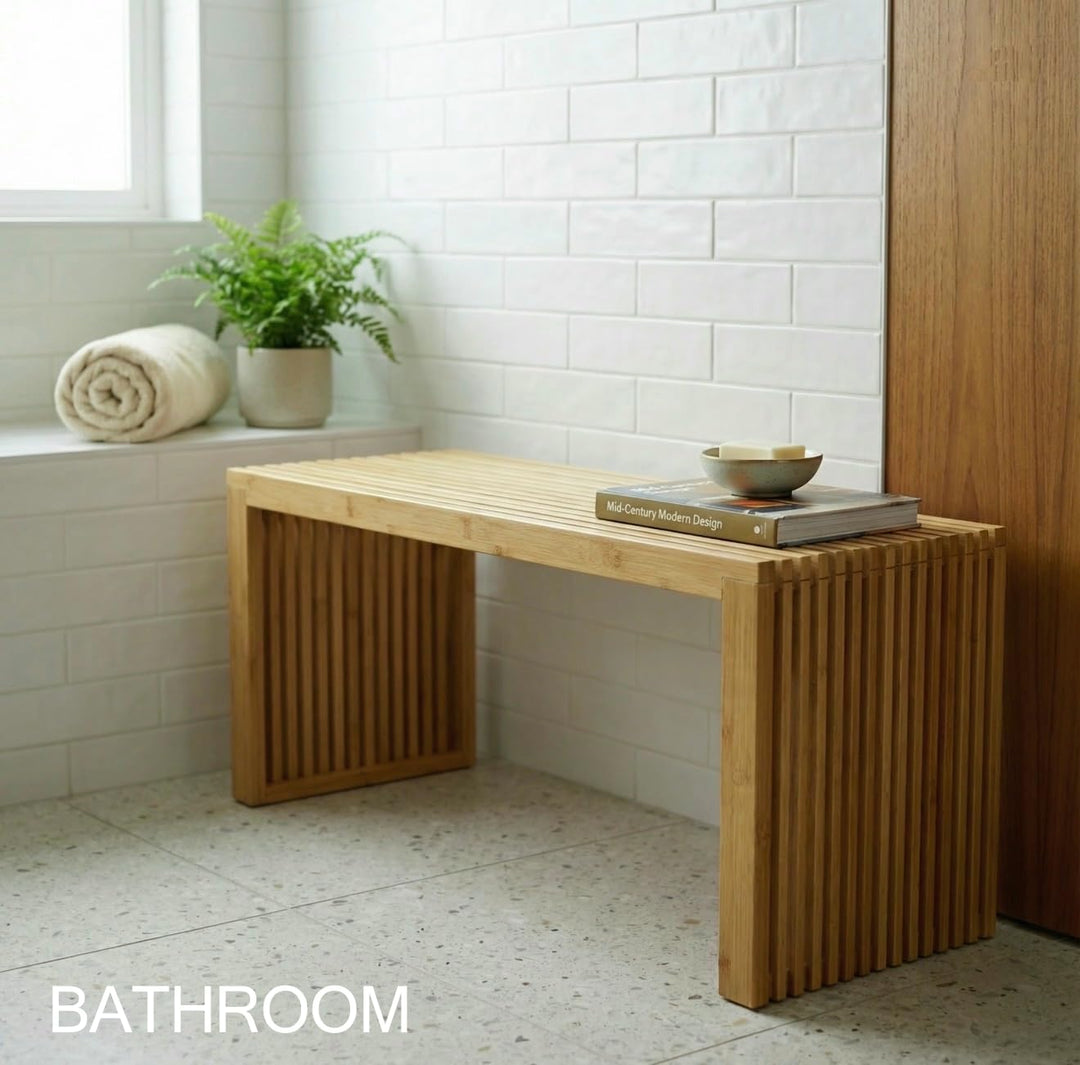 Bamboo Natural 36 inch Wooden Bench, Small Wood Benches for Entryway, Living &amp; Dining Room, Kitchen, Bedroom, Bathroom, Hallway, Front Door, For Indoor &amp; Outdoor Patio Use, Mid Century Modern Decor 