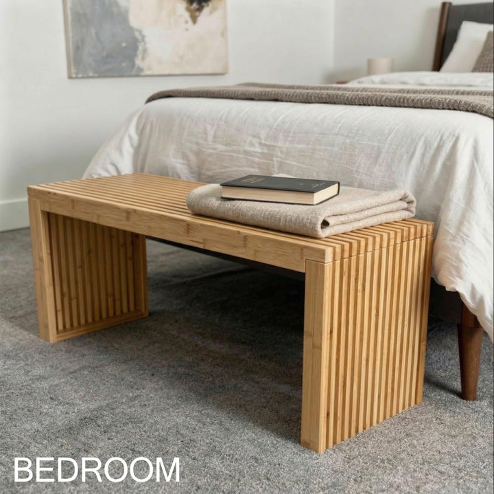 Bamboo Natural 36 inch Wooden Bench, Small Wood Benches for Entryway, Living &amp; Dining Room, Kitchen, Bedroom, Bathroom, Hallway, Front Door, For Indoor &amp; Outdoor Patio Use, Mid Century Modern Decor 