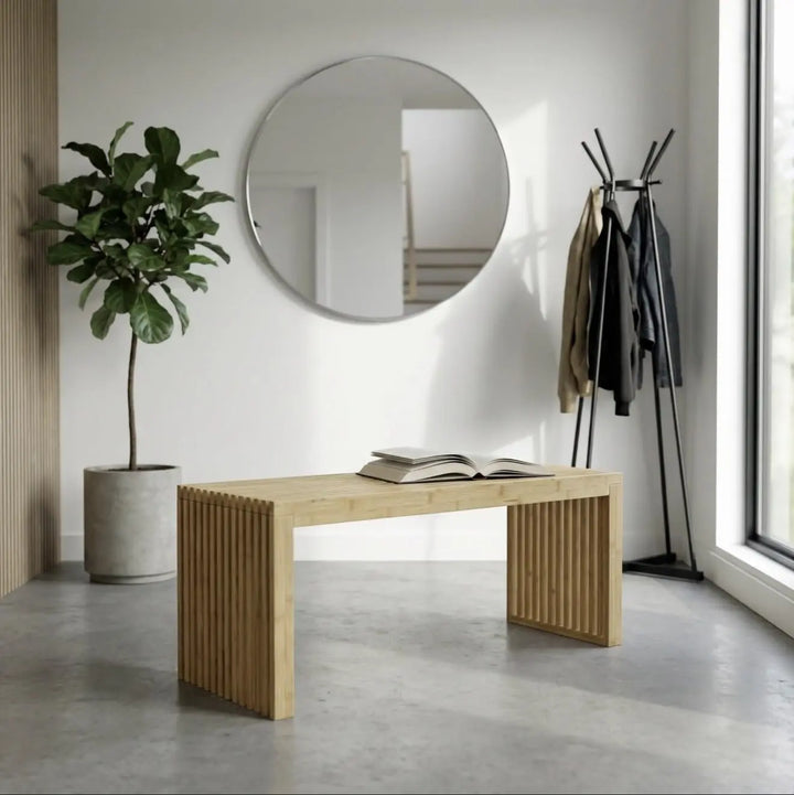 Bamboo Natural 36 inch Wooden Bench, Small Wood Benches for Entryway, Living &amp; Dining Room, Kitchen, Bedroom, Bathroom, Hallway, Front Door, For Indoor &amp; Outdoor Patio Use, Mid Century Modern Decor 