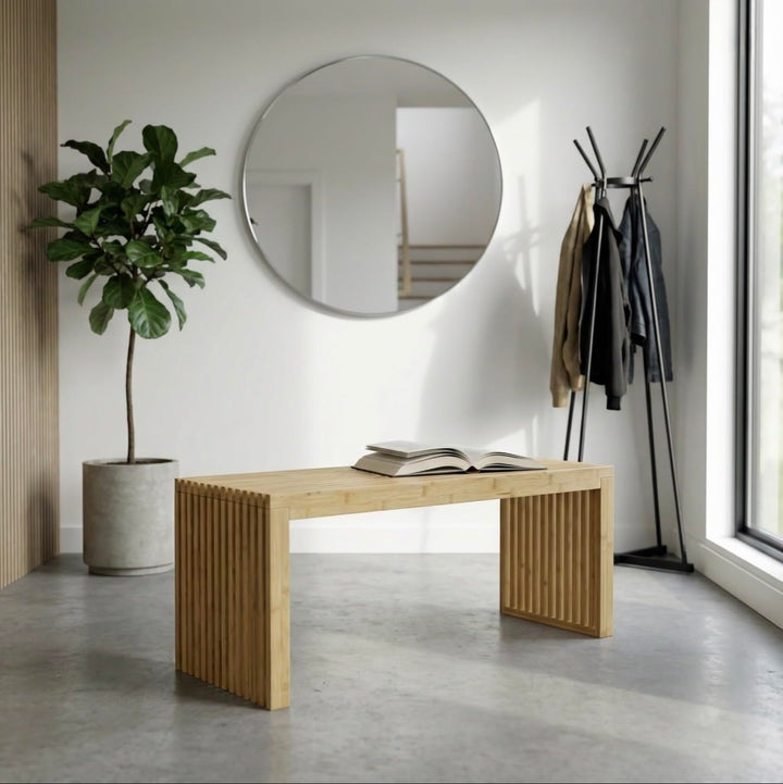 Bamboo Natural 36 inch Wooden Bench, Small Wood Benches for Entryway, Living &amp; Dining Room, Kitchen, Bedroom, Bathroom, Hallway, Front Door, For Indoor &amp; Outdoor Patio Use, Mid Century Modern Decor 