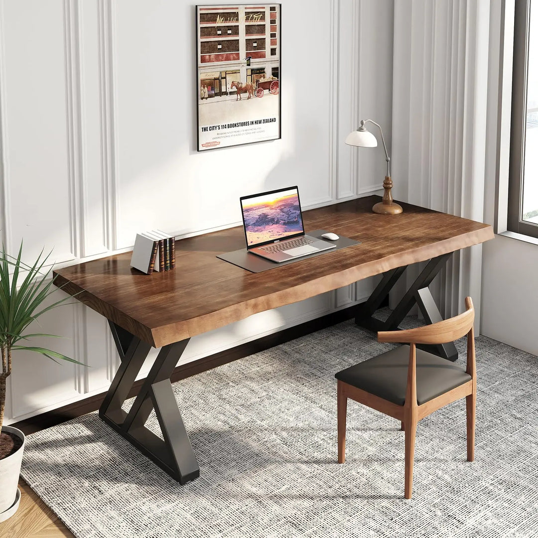 SXXjiaju Solid Wood Desk 55 inches, Home Office Computer Desk Wooden Rustic Writing Desk Metal Modern Simple Design Executive Real Wood Desk(Rustic Brown) 