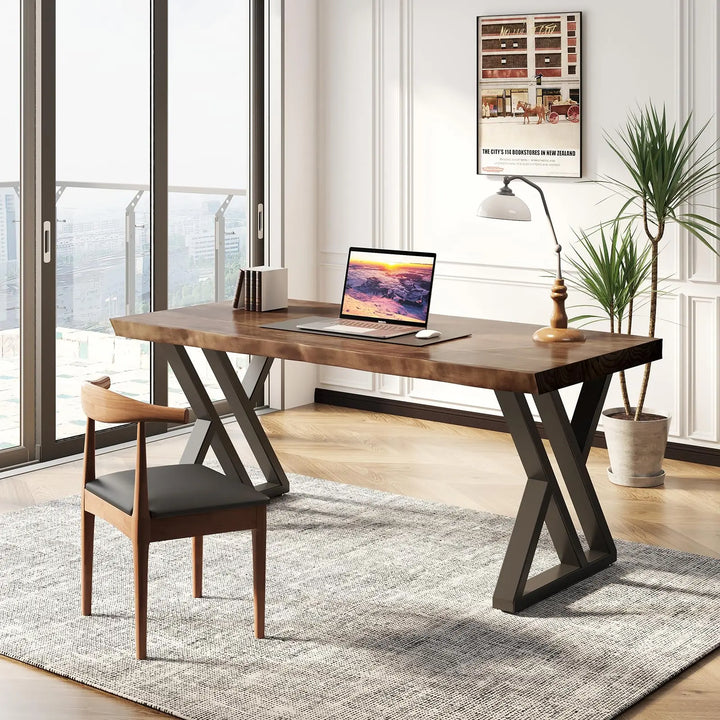 SXXjiaju Solid Wood Desk 55 inches, Home Office Computer Desk Wooden Rustic Writing Desk Metal Modern Simple Design Executive Real Wood Desk(Rustic Brown) 