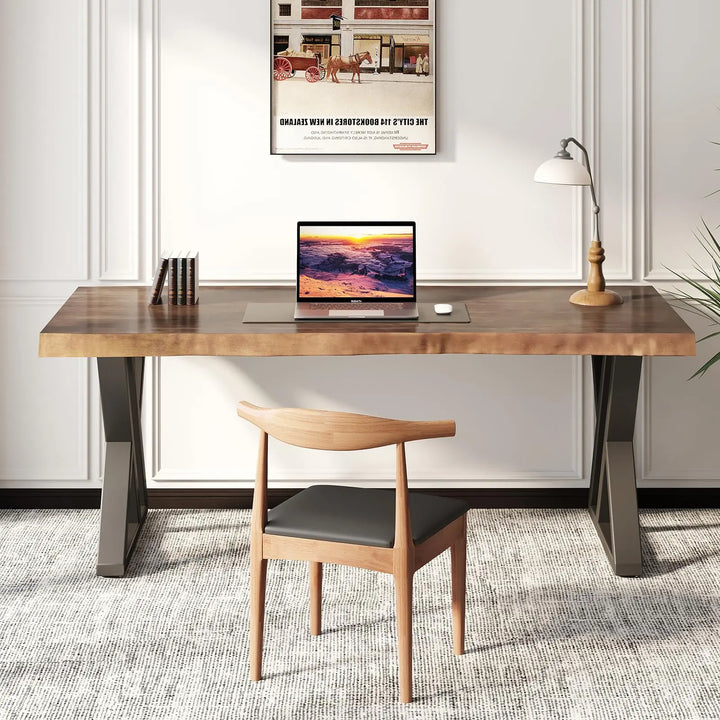 SXXjiaju Solid Wood Desk 55 inches, Home Office Computer Desk Wooden Rustic Writing Desk Metal Modern Simple Design Executive Real Wood Desk(Rustic Brown) 