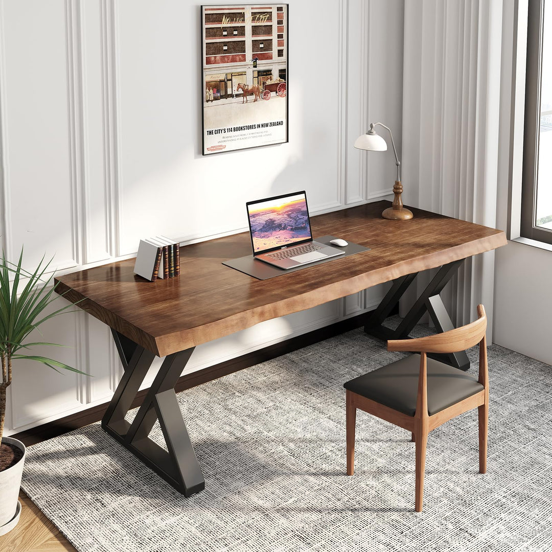 SXXjiaju Solid Wood Desk 55 inches, Home Office Computer Desk Wooden Rustic Writing Desk Metal Modern Simple Design Executive Real Wood Desk(Rustic Brown) 