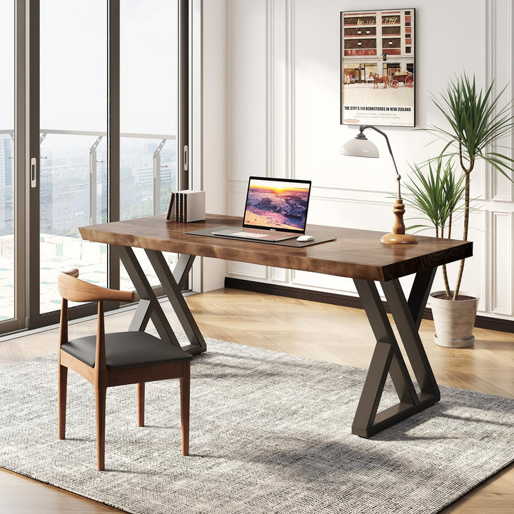 SXXjiaju Solid Wood Desk 55 inches, Home Office Computer Desk Wooden Rustic Writing Desk Metal Modern Simple Design Executive Real Wood Desk(Rustic Brown) 