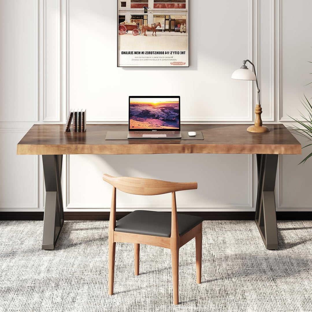 SXXjiaju Solid Wood Desk 55 inches, Home Office Computer Desk Wooden Rustic Writing Desk Metal Modern Simple Design Executive Real Wood Desk(Rustic Brown) 