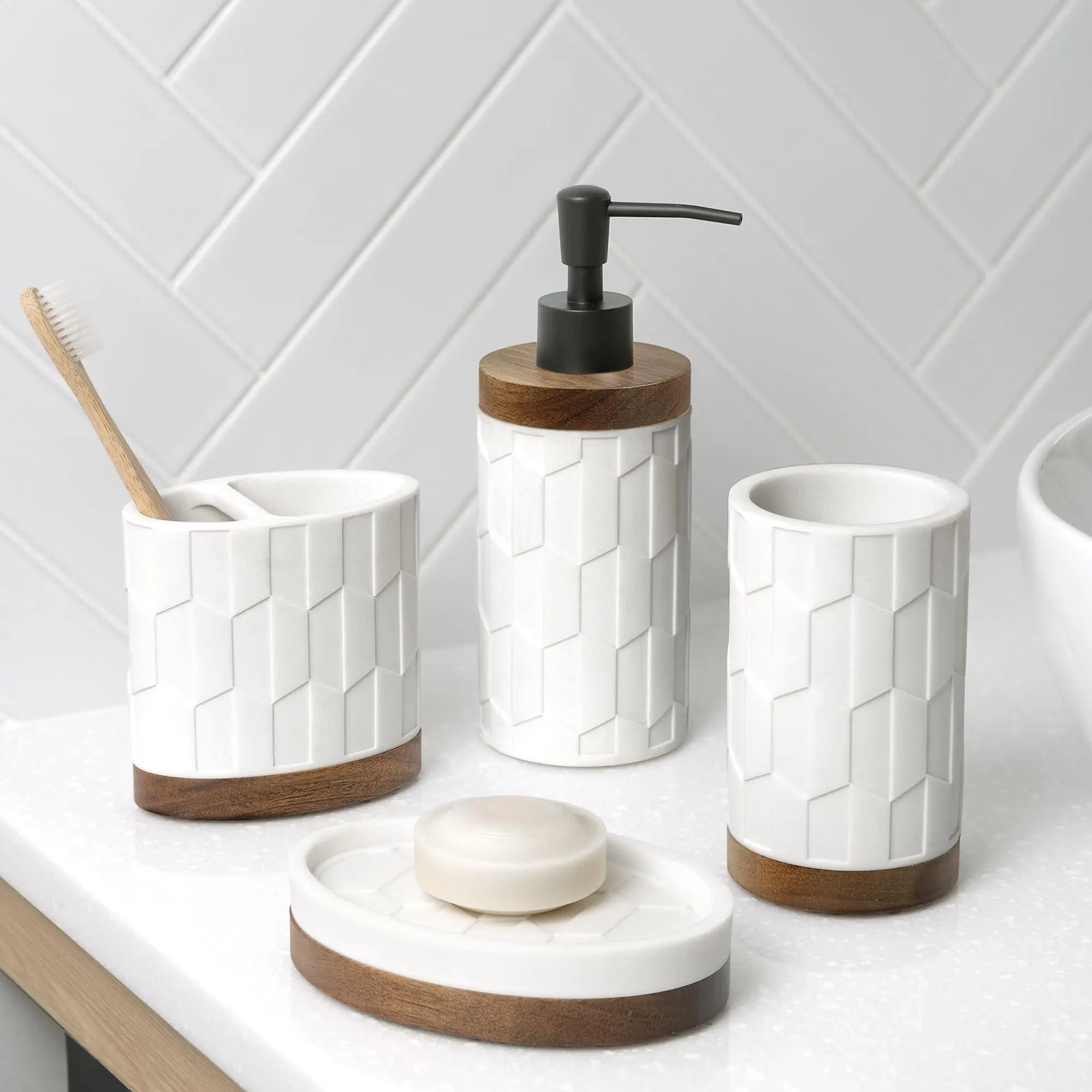 Sarasota Resin with Wood Accents 4-Piece Bathroom Accessory Set-Soap/Lotion Dispenser, Soap Dish, Toothbrush Holder, Tumbler Cup by Allure Home Creation, White 