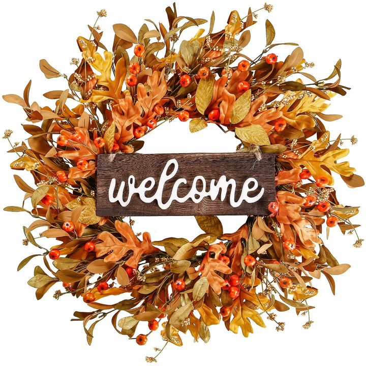 Sggvecsy Artificial Fall Wreath 18 Inch, Pumpkins &amp; Berries, Thanksgiving Decor