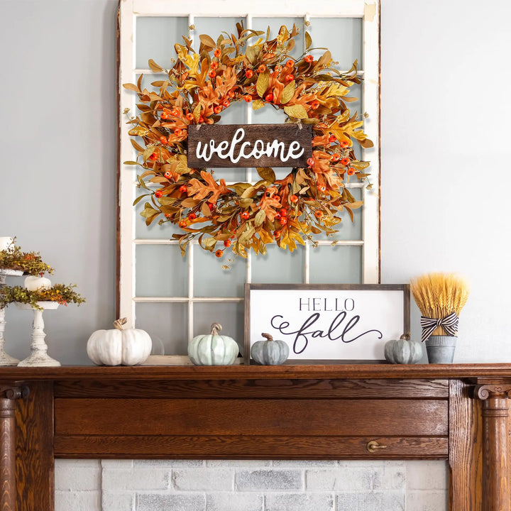Sggvecsy Artificial Fall Wreath 18 Inch, Pumpkins &amp; Berries, Thanksgiving Decor