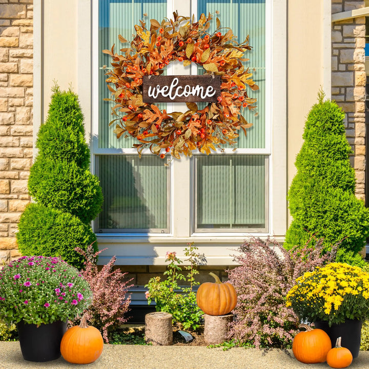 Sggvecsy Artificial Fall Wreath 18 Inch, Pumpkins &amp; Berries, Thanksgiving Decor