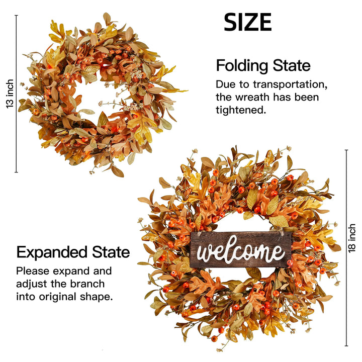 Sggvecsy Artificial Fall Wreath 18 Inch, Pumpkins &amp; Berries, Thanksgiving Decor