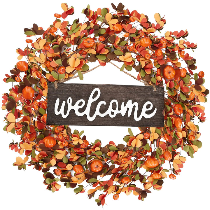 Sggvecsy Fall Wreath 20 Inch, Harvest Pumpkin Berry Leaves, Orange