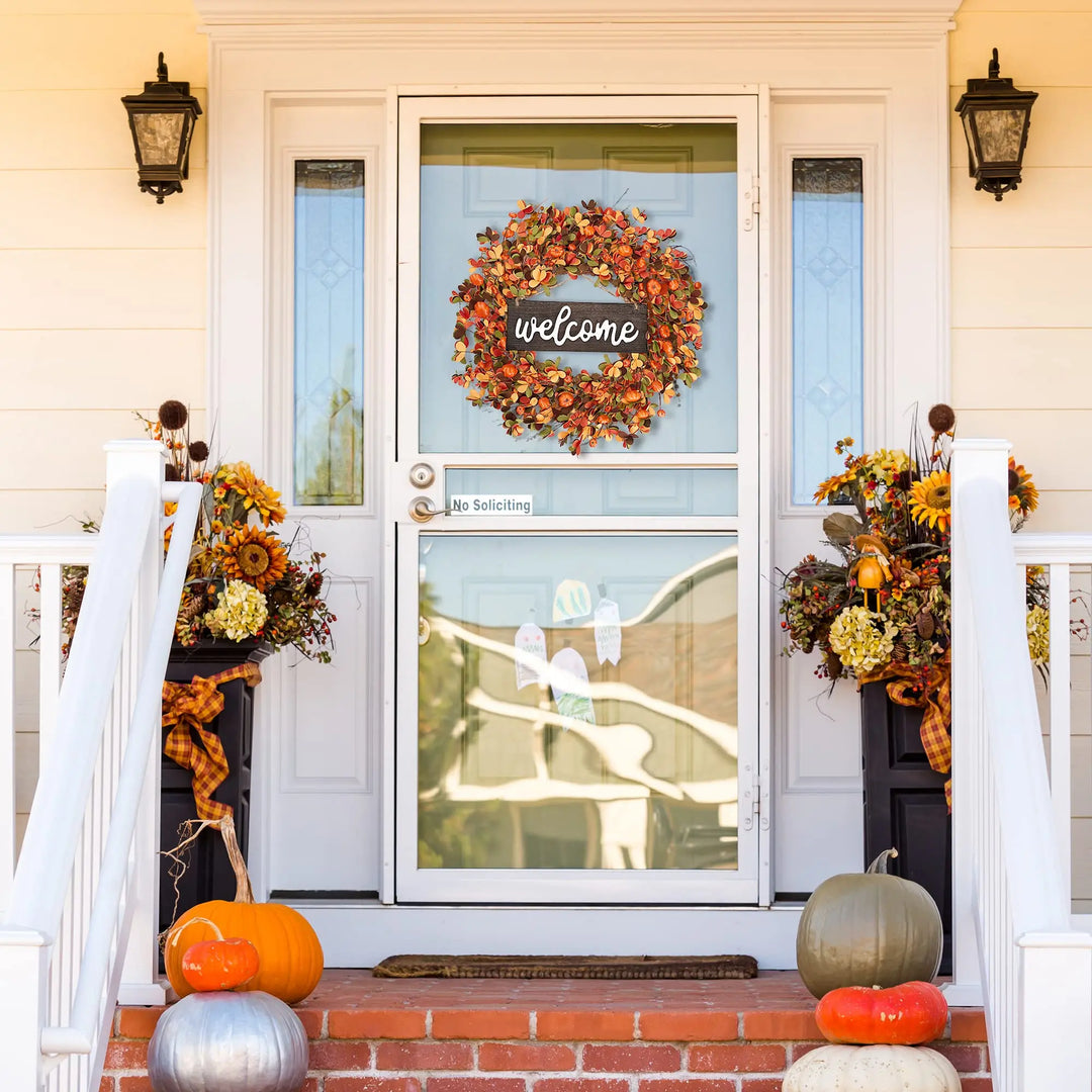 Sggvecsy Fall Wreath 20 Inch, Harvest Pumpkin Berry Leaves, Orange