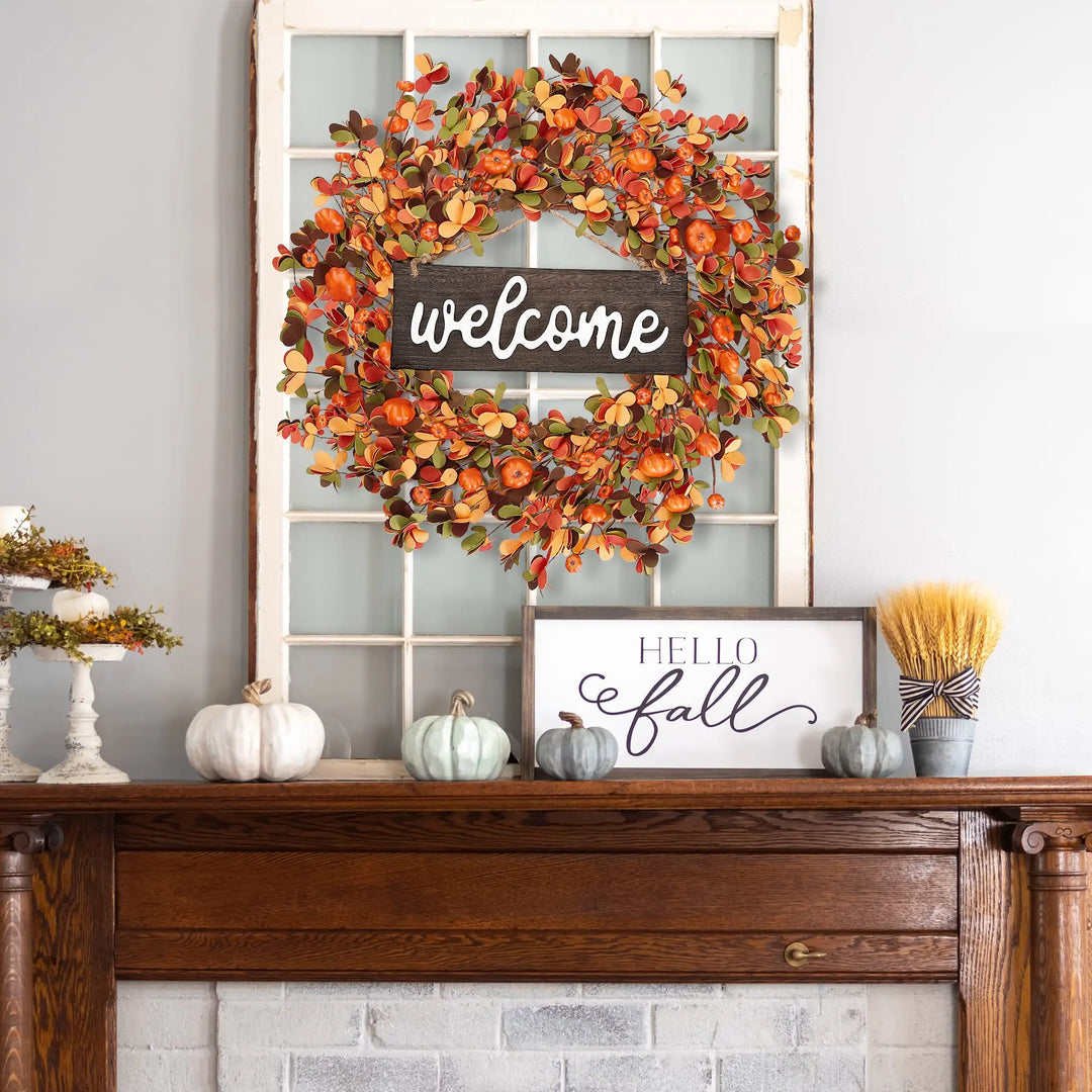 Sggvecsy Fall Wreath 20 Inch, Harvest Pumpkin Berry Leaves, Orange