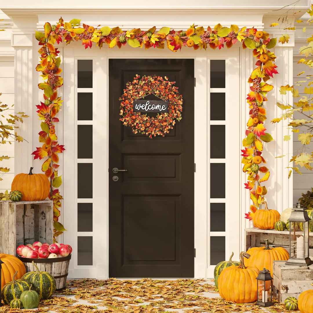 Sggvecsy Fall Wreath 20 Inch, Harvest Pumpkin Berry Leaves, Orange
