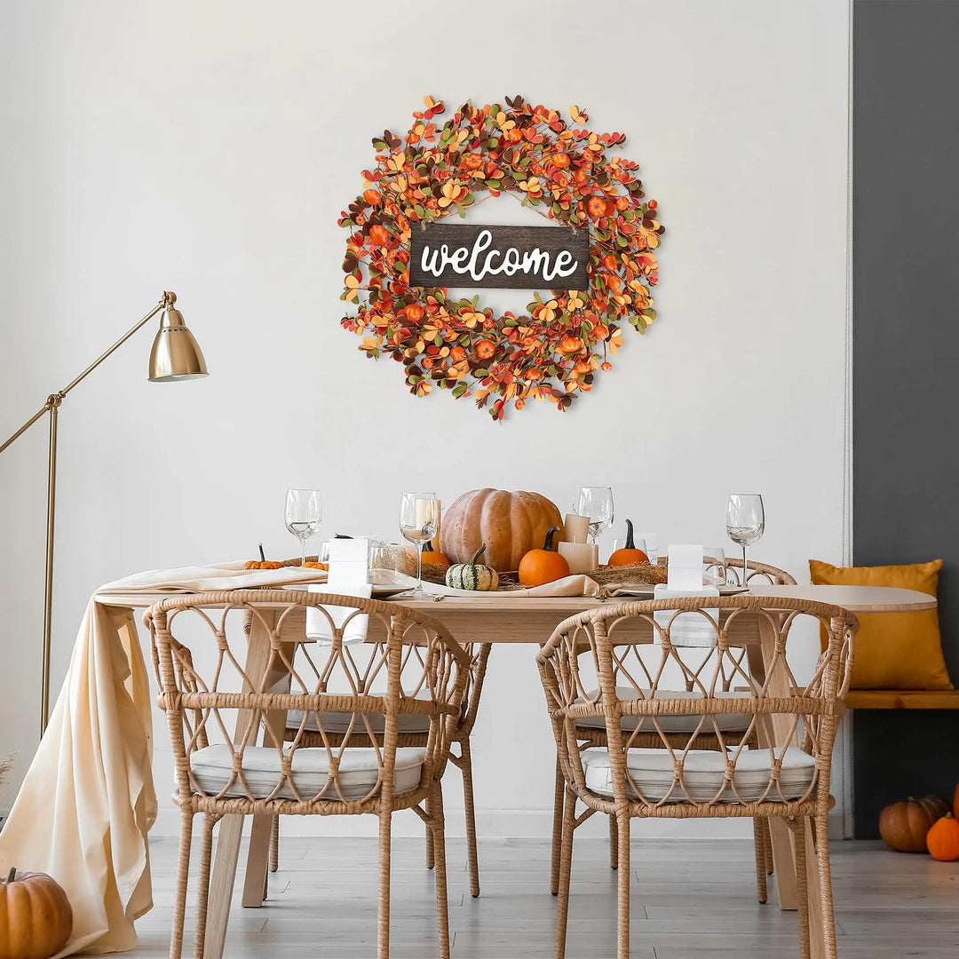 Sggvecsy Fall Wreath 20 Inch, Harvest Pumpkin Berry Leaves, Orange