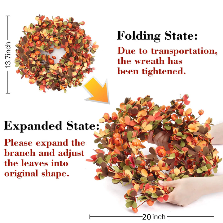 Sggvecsy Fall Wreath 20 Inch, Harvest Pumpkin Berry Leaves, Orange