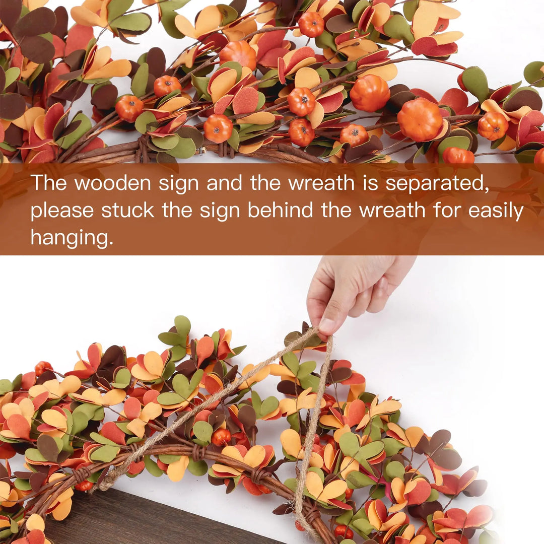 Sggvecsy Fall Wreath 20 Inch, Harvest Pumpkin Berry Leaves, Orange