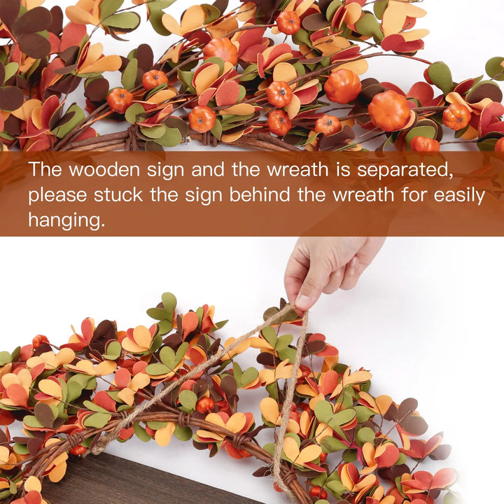Sggvecsy Fall Wreath 20 Inch, Harvest Pumpkin Berry Leaves, Orange